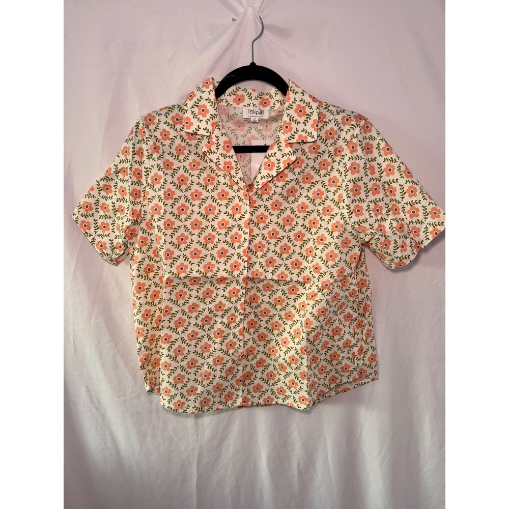 Tulip B Floral Button Down Shirt Womens M White Pink Cottagecore NWT